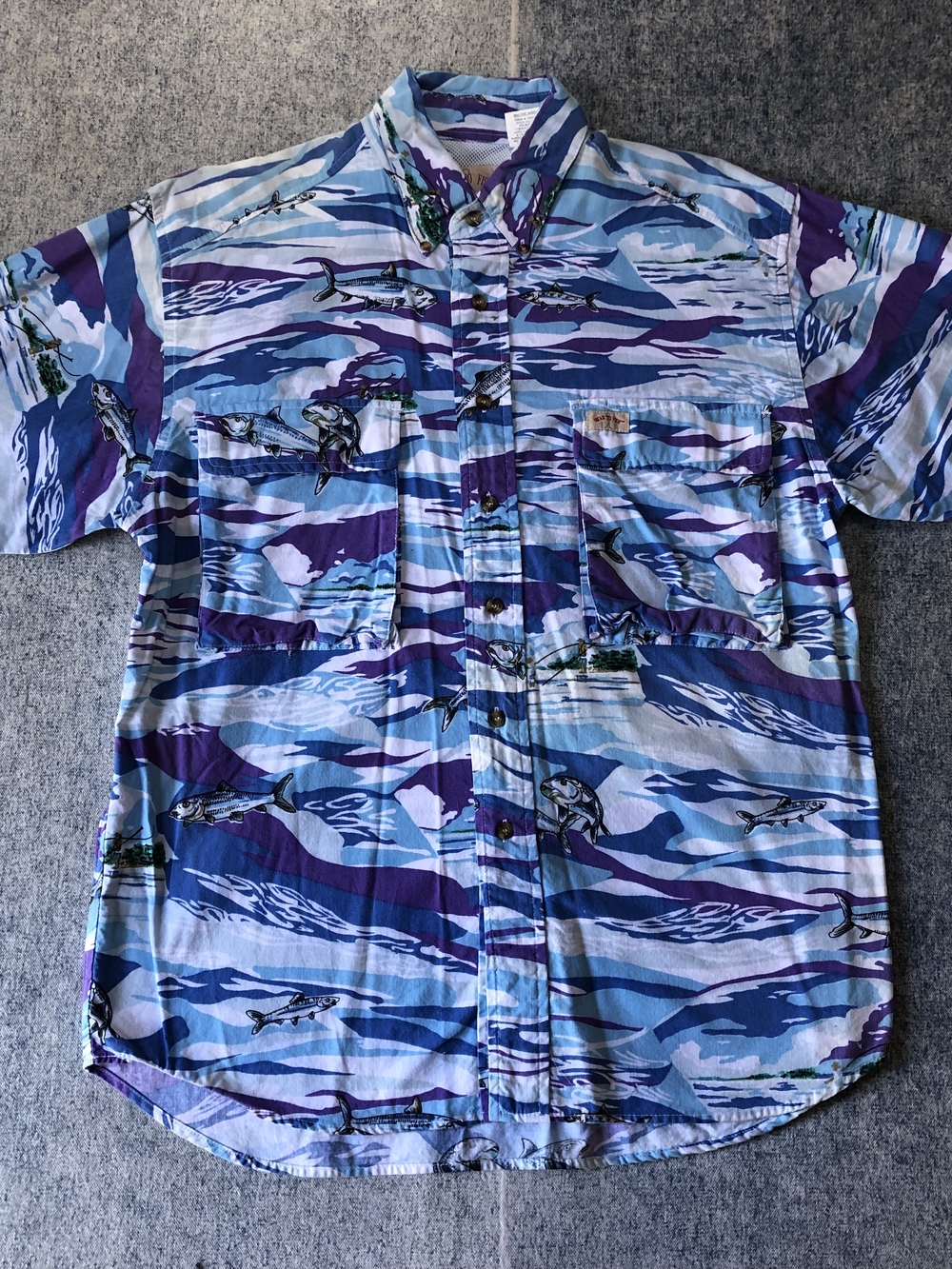 Short-Sleeve Blue & Purple Fishing Print Shirt